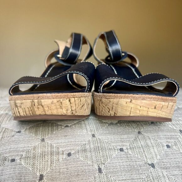 Bernardo Anthropologie Navy Blue Leather Cork Wedge Sandals Ankle Strap Women 9 - Picture 7 of 16